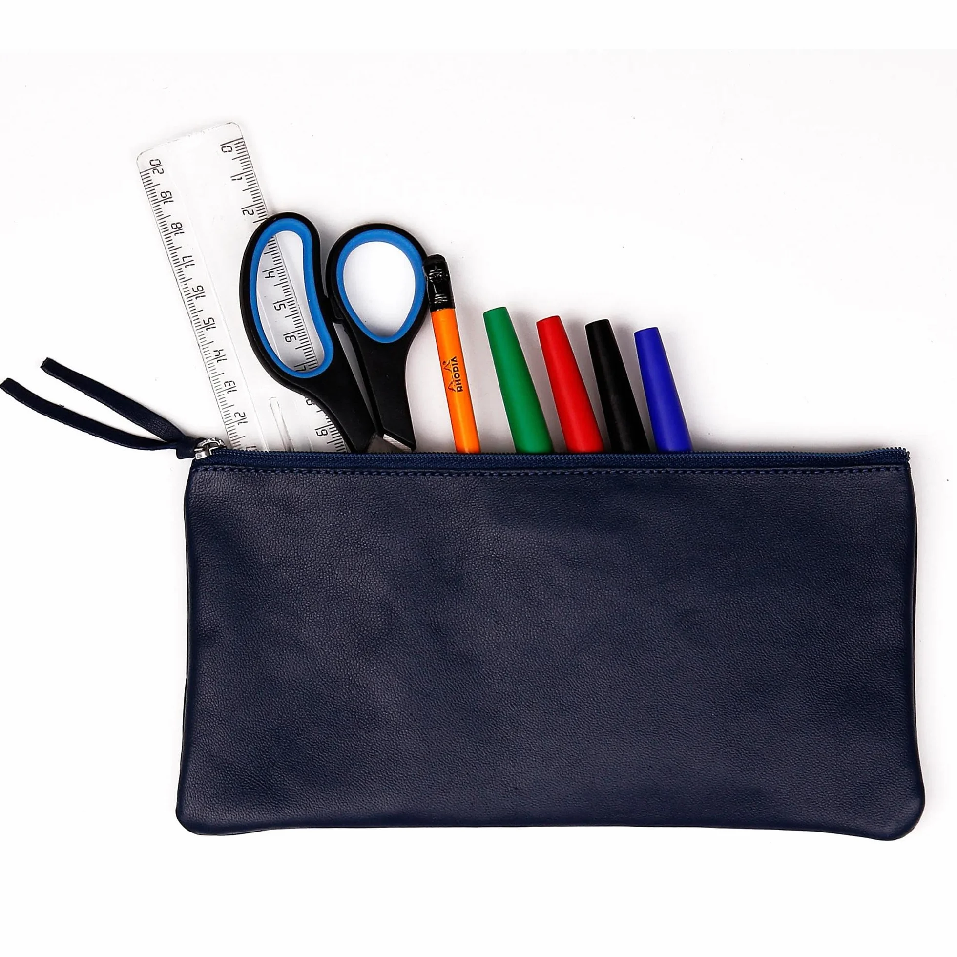 Clairefontaine Trousse Scolaire Plate Bleu foncé 22x11 cm Véritable Cuir d'Agneau Fourniture Scolaire