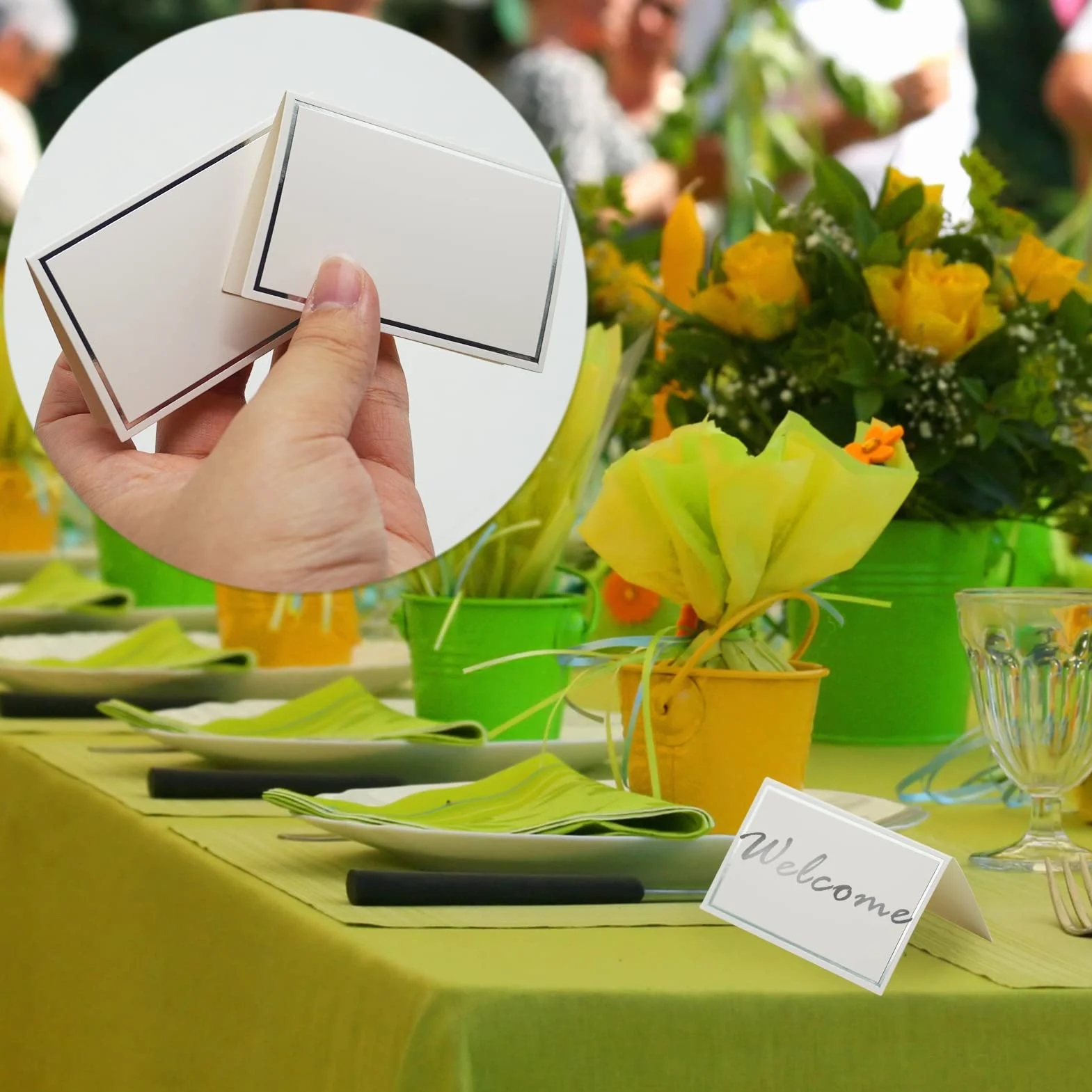 Lot de 50 marque-places blancs vierges doré pour table de mariage