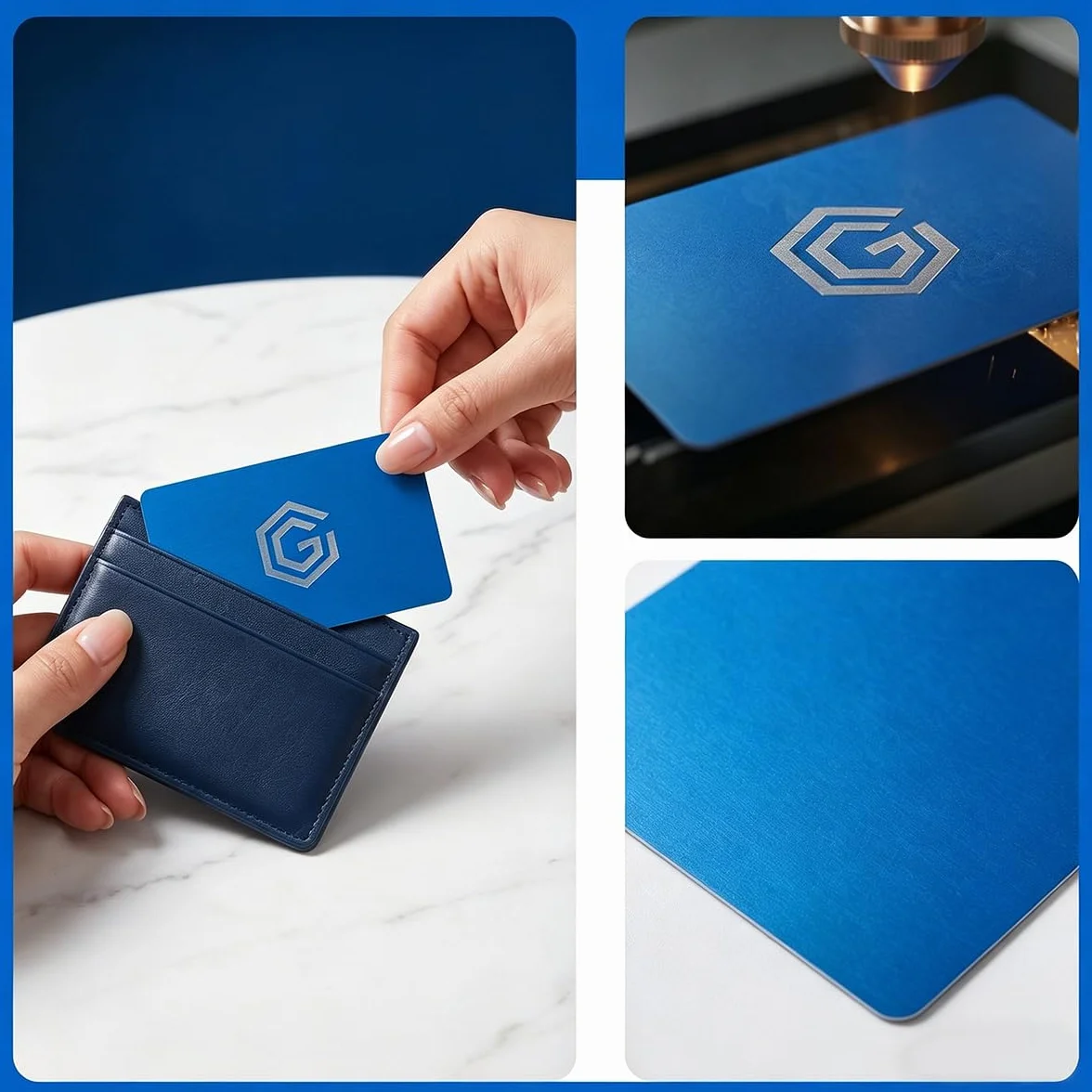 Cartes de Visite en Métal 50 Pièces, Gravure Laser, Vierge Gravée, pour Bureau et Activités Commerciales (Bleu)