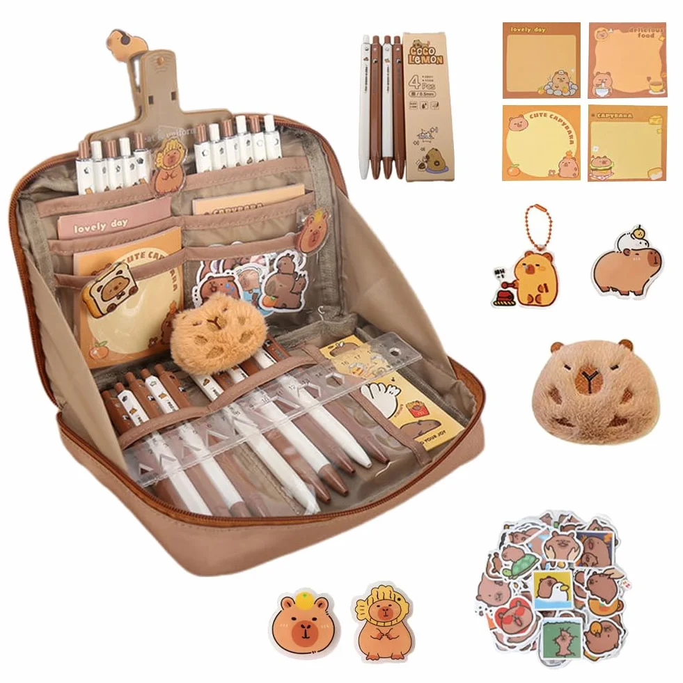 Capybara Ensemble de papeterie Trousse avec stylos, clips, autocollants, coffret cadeau pour enfants