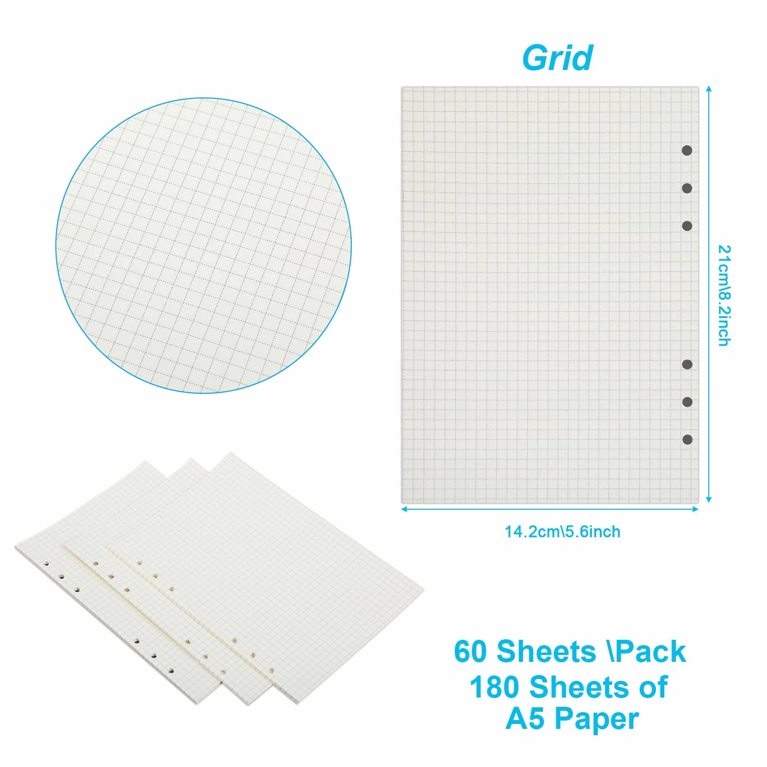 Feuilles A5 Grands Carreaux 180 Feuilles Papier A5 Copies Doubles Perforées Recharges pour Agendas