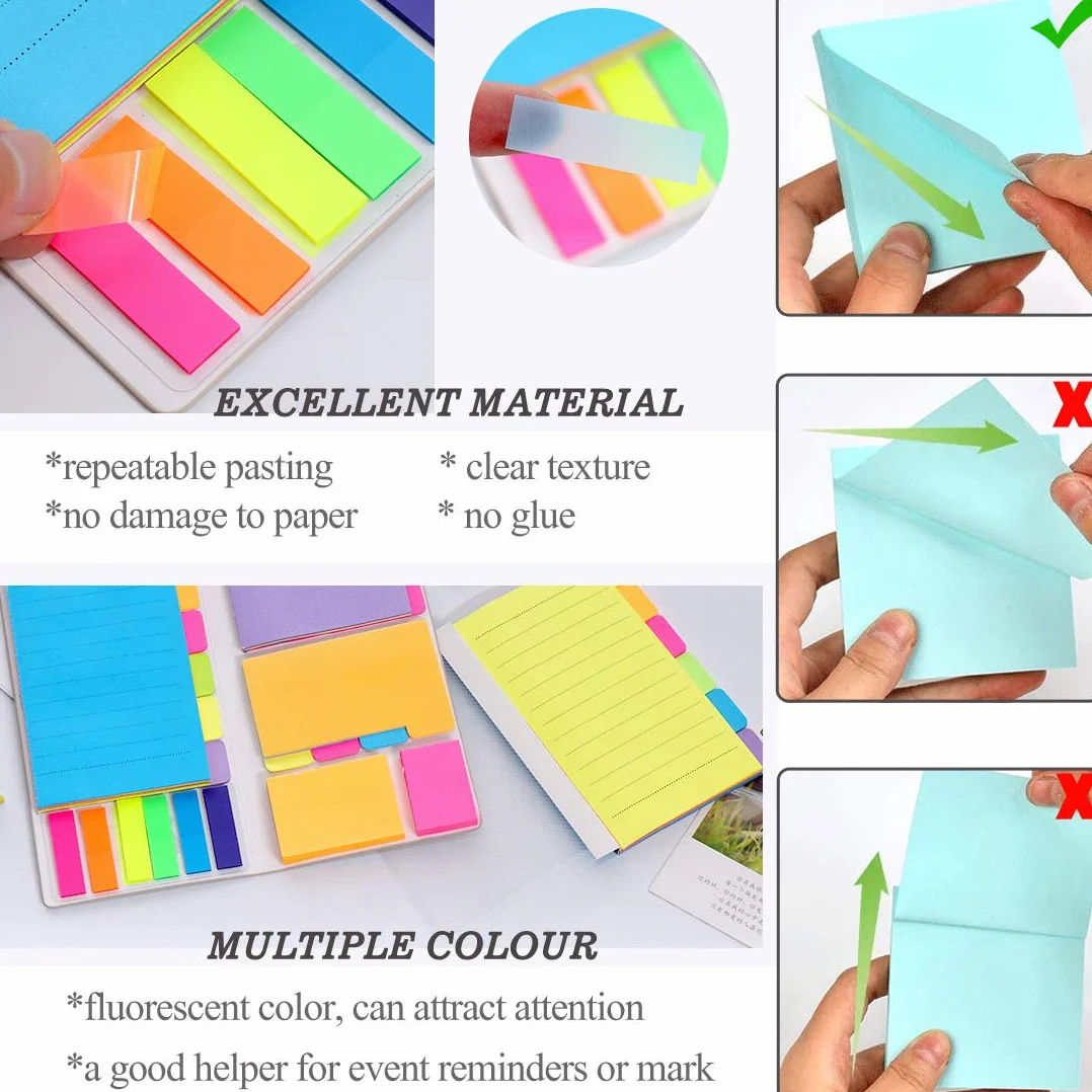 Lot de 500 Notes Autocollantes, 7 Types Post It, Étiquettes Inscriptibles, Signets Marqueurs Adhésifs pour Bureau et Scolaires