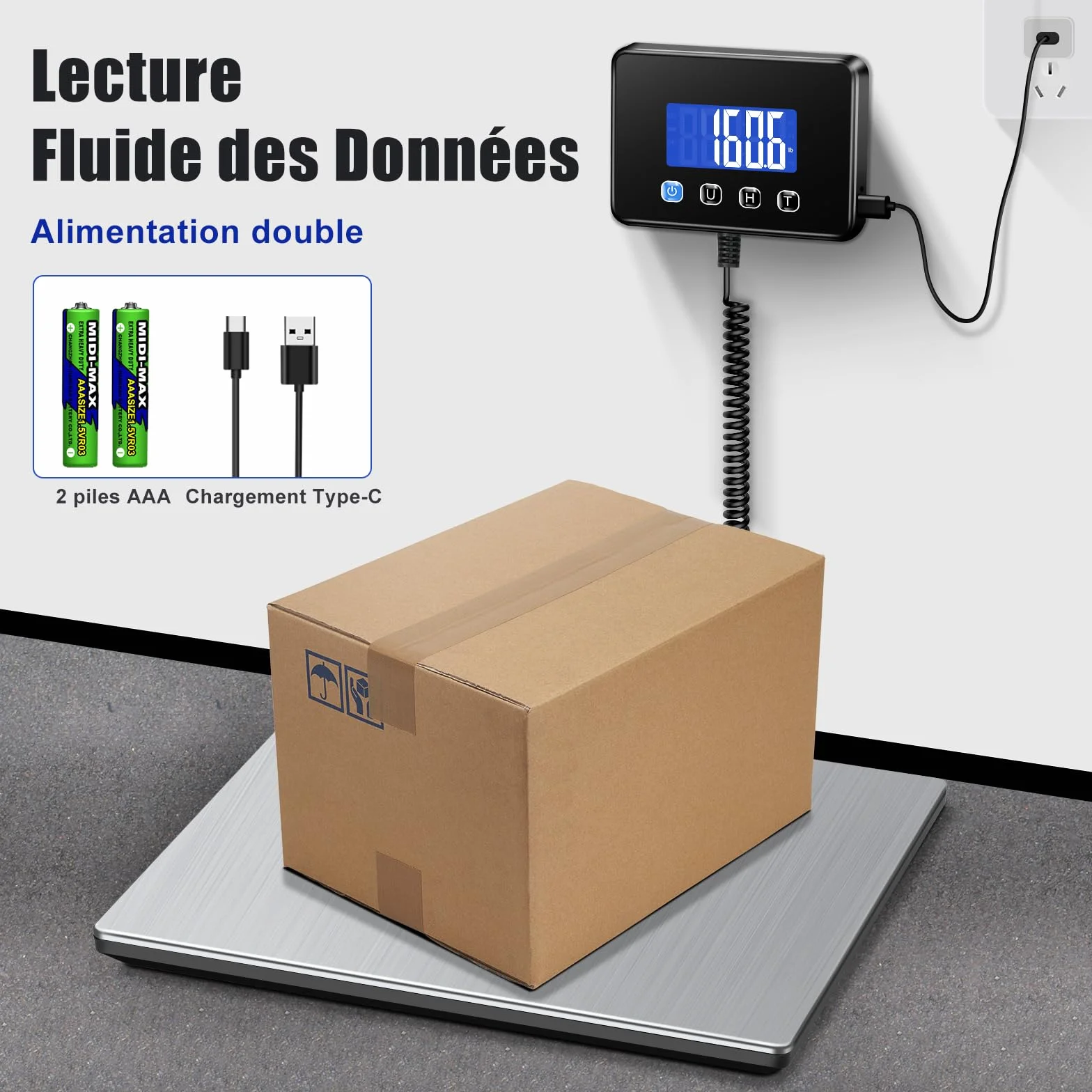 Balance Colis Numérique 300kg/20g avec Fonction Hold/Tare, Écran LCD Externe, Professionnelle pour Industrie et Entreprise
