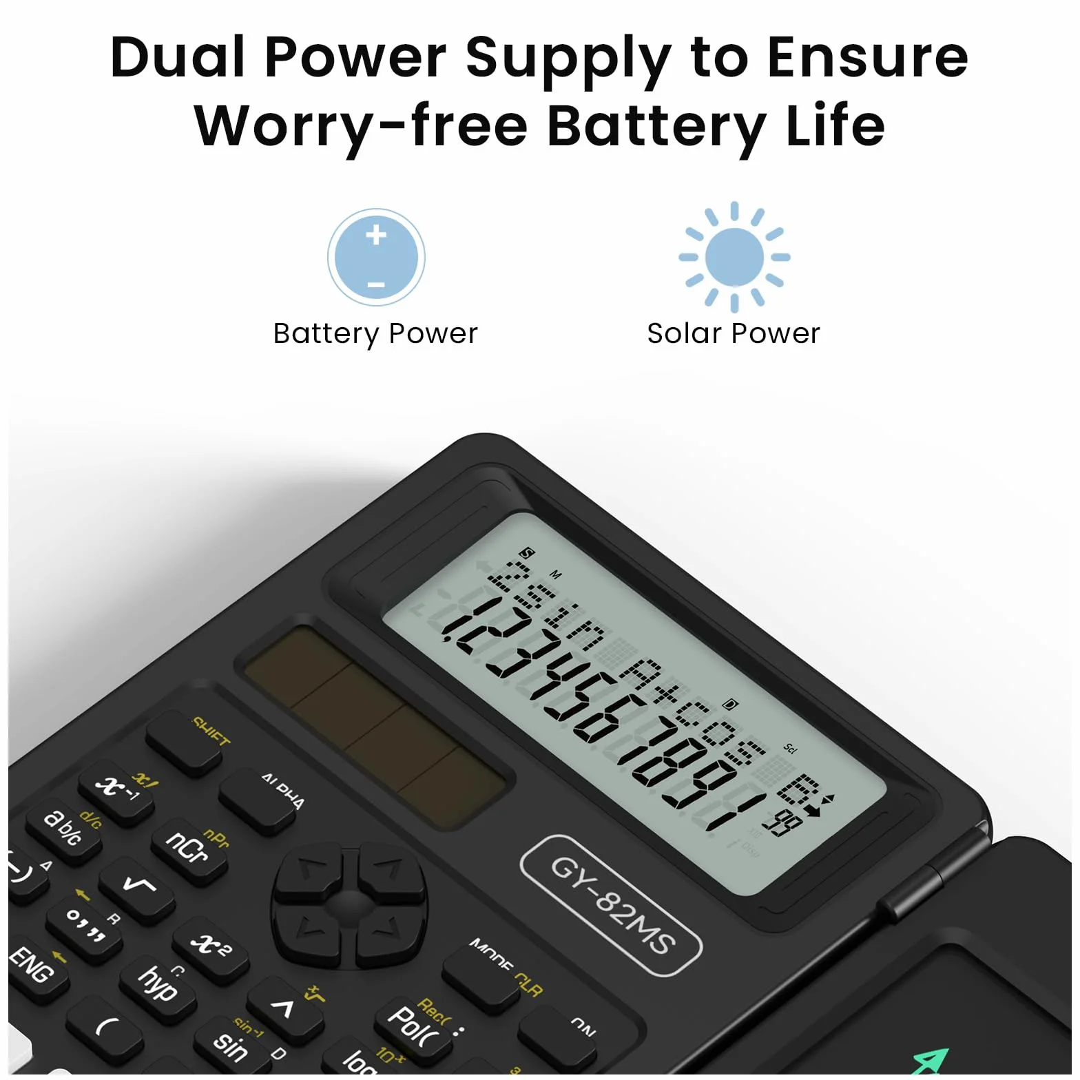 Calculatrice Scientifique ROATEE 82MS Plus Double Alimentation Solaire Pile LCD Réinscriptible Noir Clair