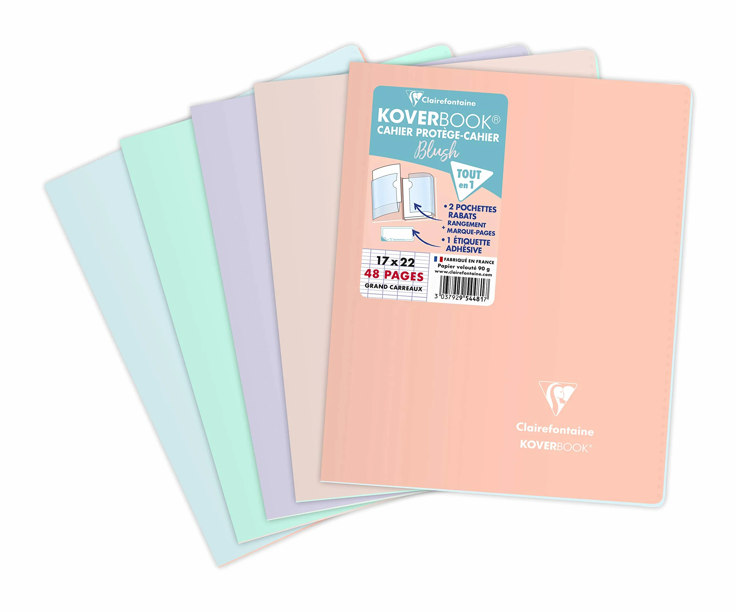 Clairefontaine Koverbook Blush Cahier Agrafé 17x22 cm 48 Pages Grands Carreaux Papier Blanc 90 g Couverture Polypro Opaque