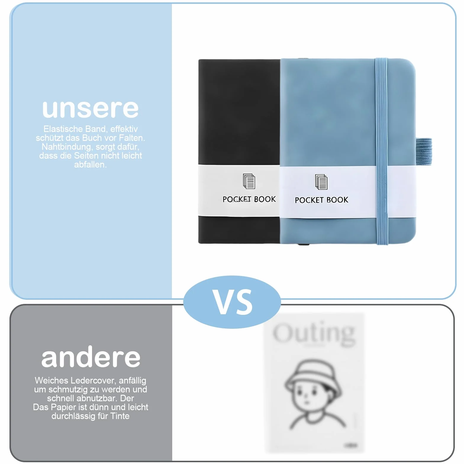 Carnets de notes A7 200 pages Lot de 2 Porte-stylo noir/bleu