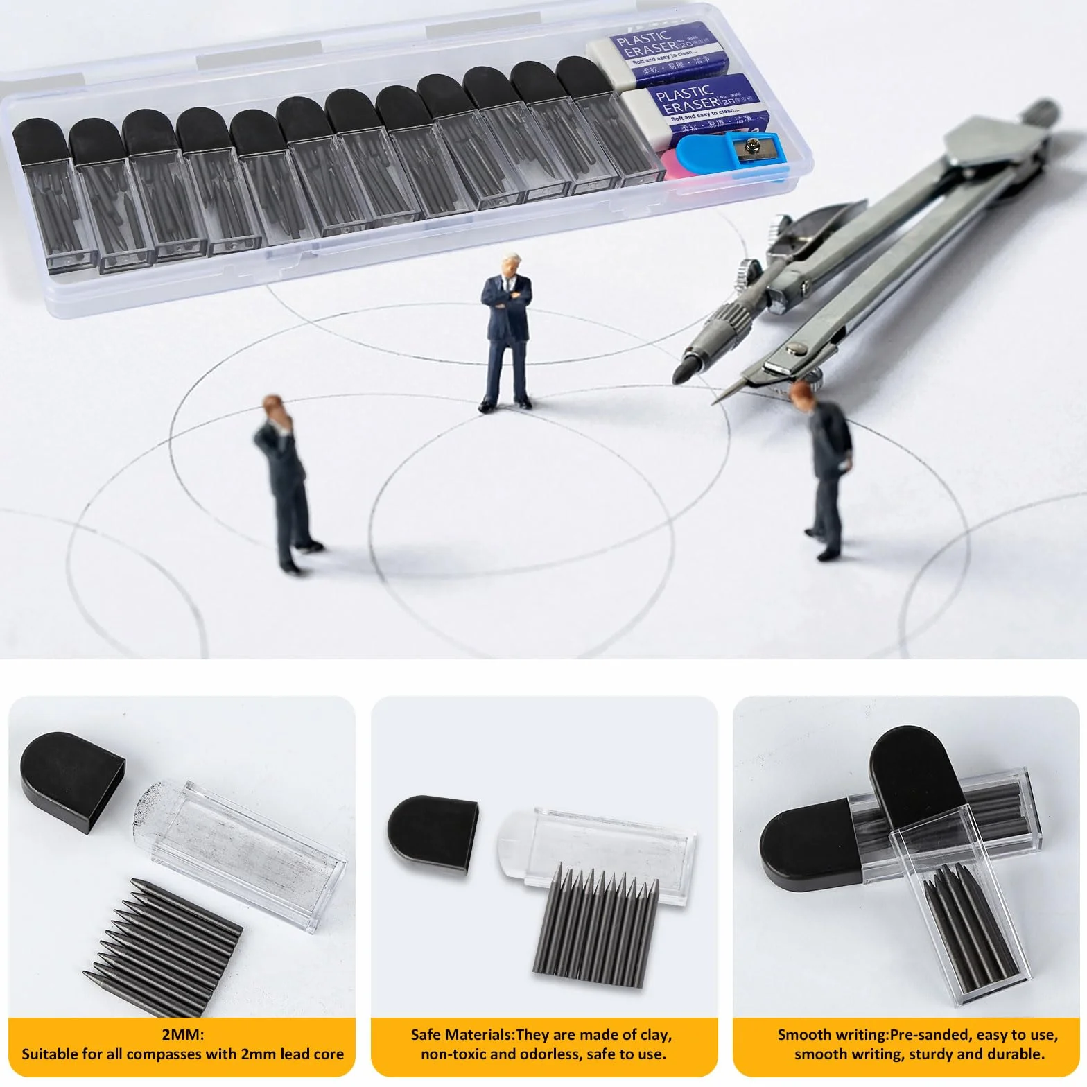 ZEFAN Mines de rechange 2B 2 mm 2 cm pour compas, lot de 120 avec rouleaux de guidage et gommes