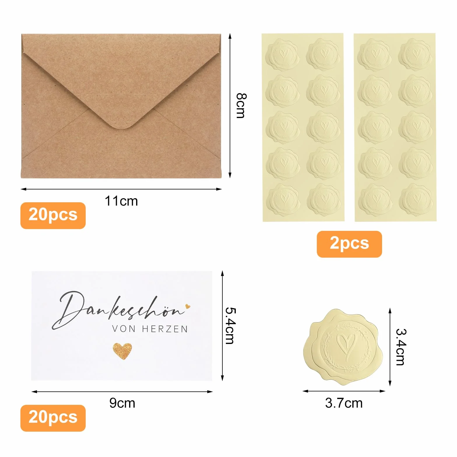 Lot de 20 petites cartes de remerciement avec enveloppes kraft et sceau doré 9 x 5,4 cm