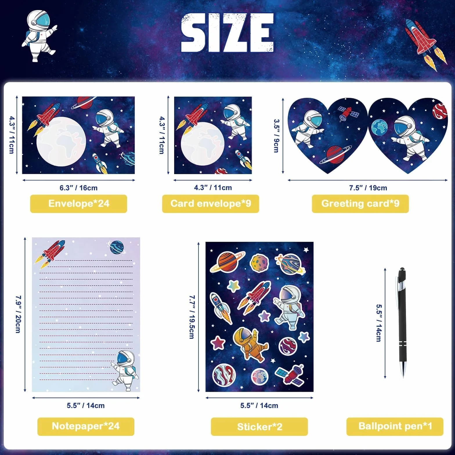 WERNNSAI Ensemble de papeterie pour enfants Astronaute Garçons avec enveloppes, cartes de vœux, autocollants, stylo