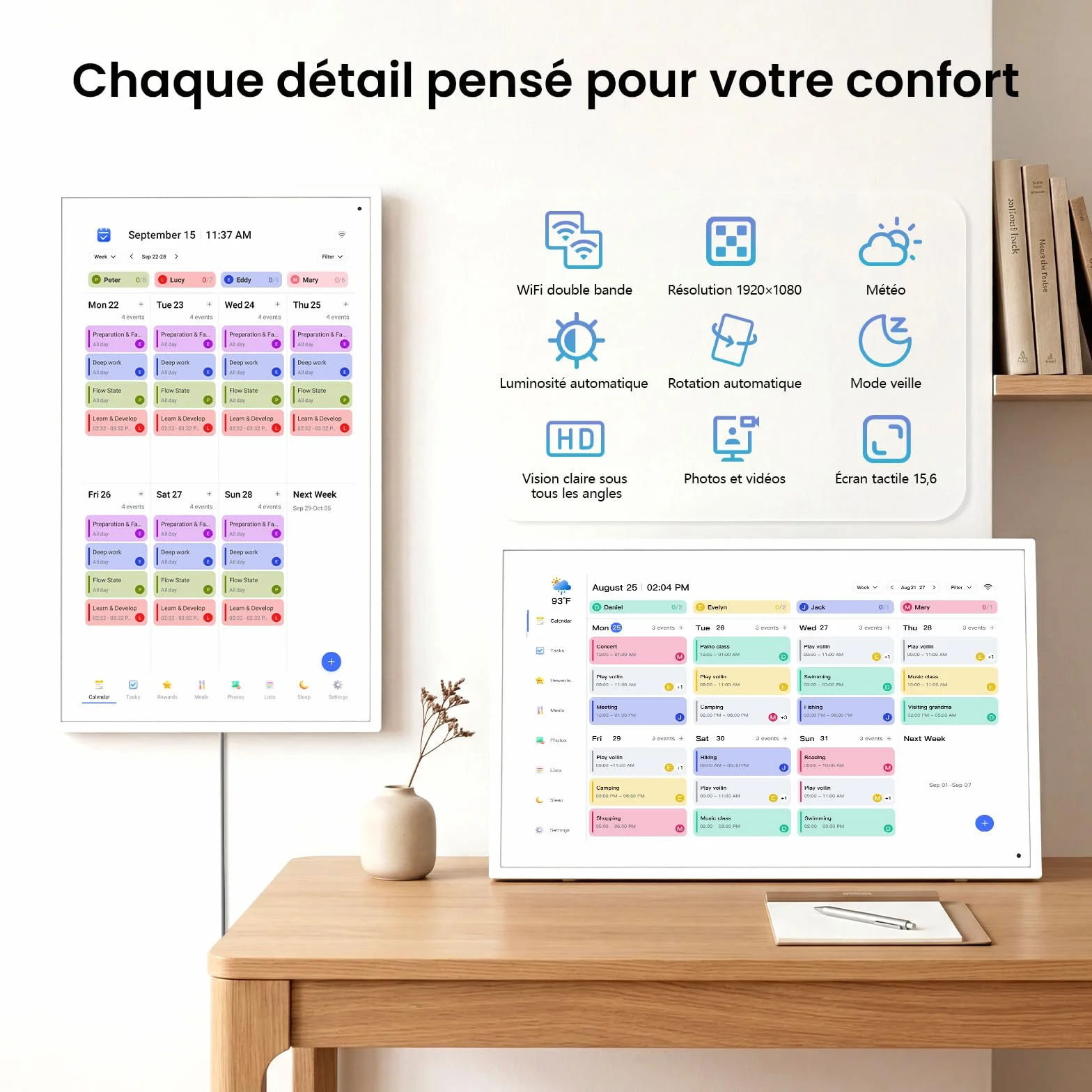 NEWYES Calendrier Numérique Mural 15 Pouces 2026 Semainier Sync Wi-Fi Tableau Récompense Enfant Cadre Photo Numérique Écran Tactile Intelligent