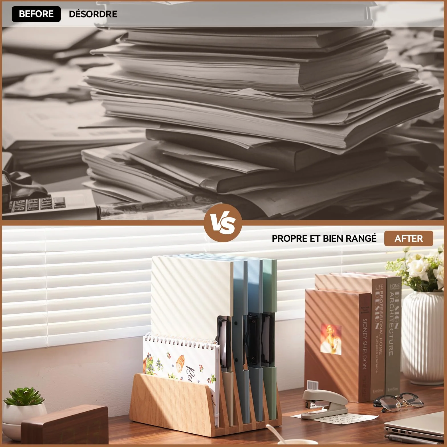 KIRIGEN Bureau en bois Organisateur de courrier 5 slots File Paper Holder Document Letter Holder