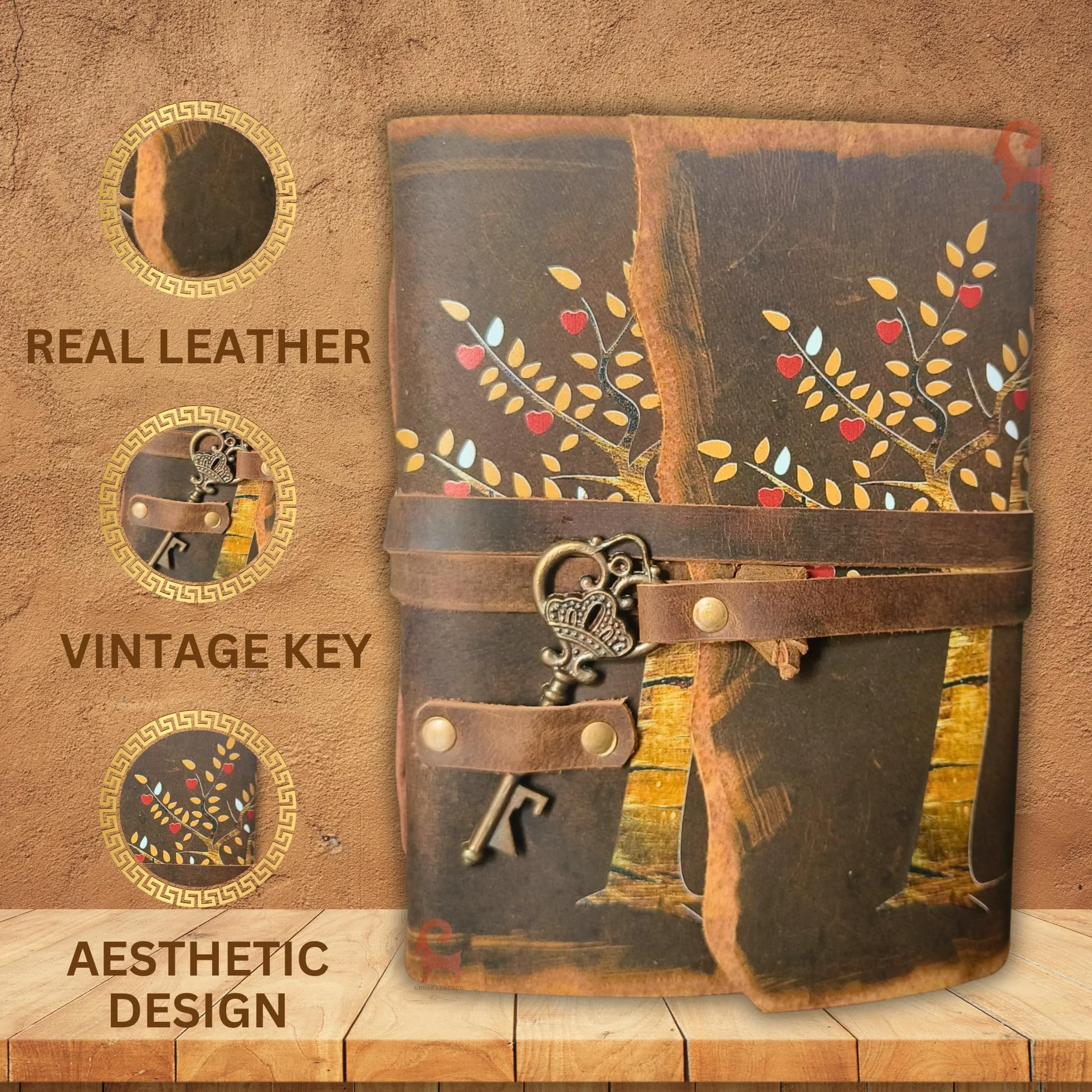 URBAN LEATHER Journal Intime Arbre De Vie Feuilles De Cœur Couverture Cuir Papier Vierge