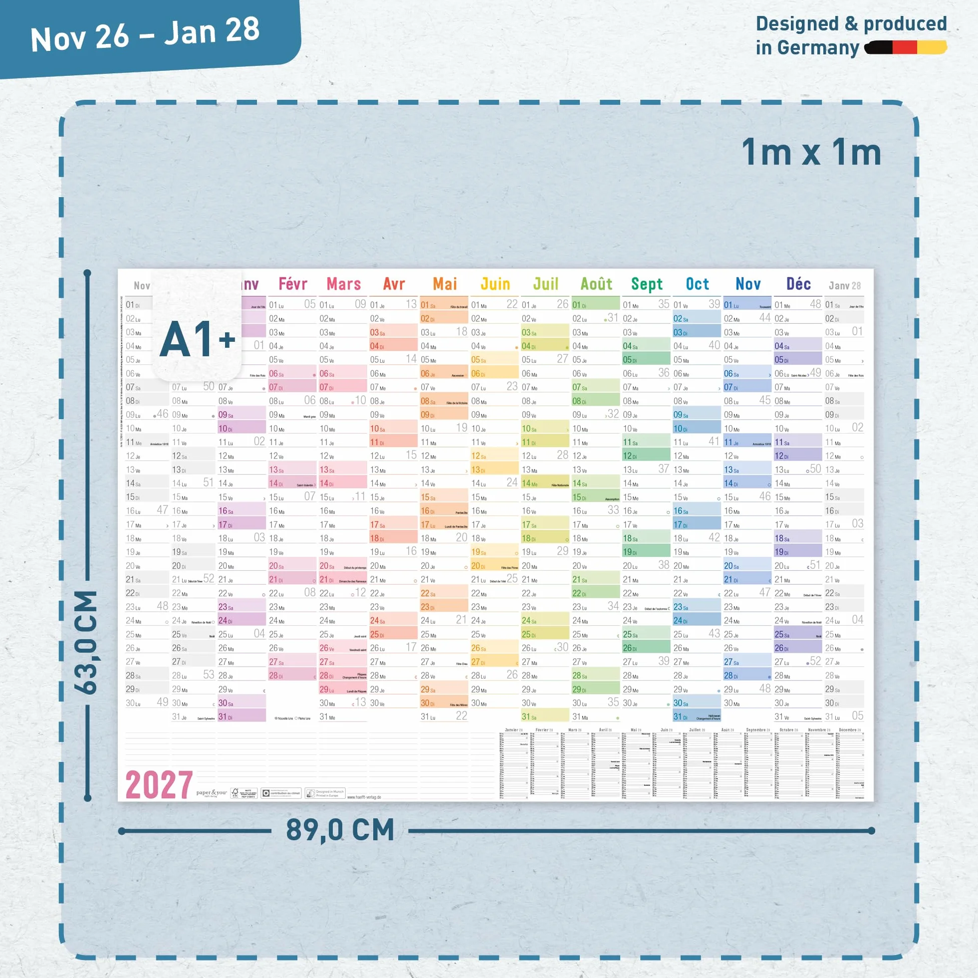 Häfft® Calendrier mural XXL 2027 A1+ papier français 63 x 89 cm plié Rainbow + agenda annuel A4 gratuit jours fériés France