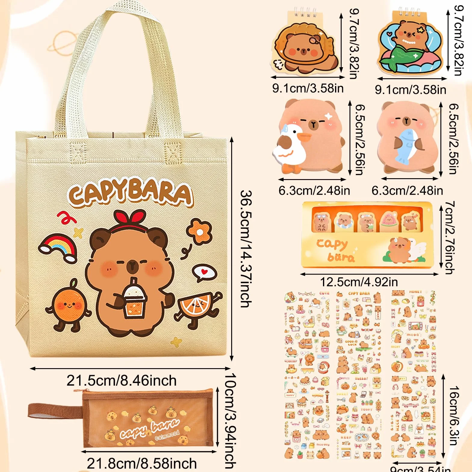 Ensemble de Capybara Papeterie Trousse Scolaire avec Post It Livre Mini Cahier Spirale Stickers Sac Cadeau