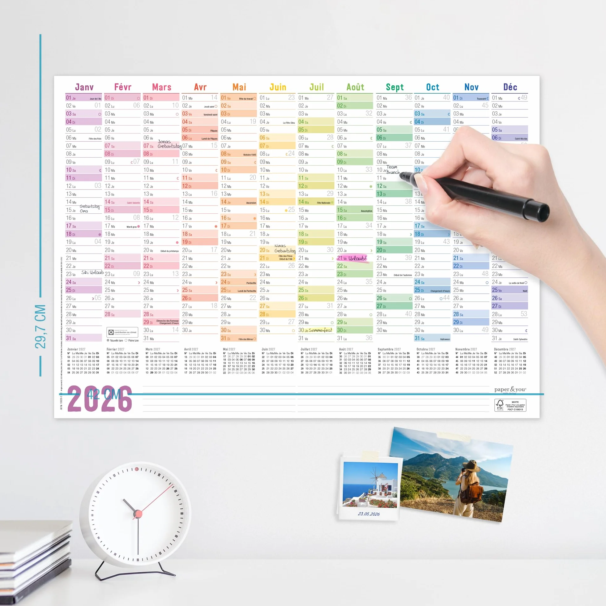 Häfft® Calendrier mural 2026 A3 français Rainbow 42 x 29,7 cm plié avec jours fériés