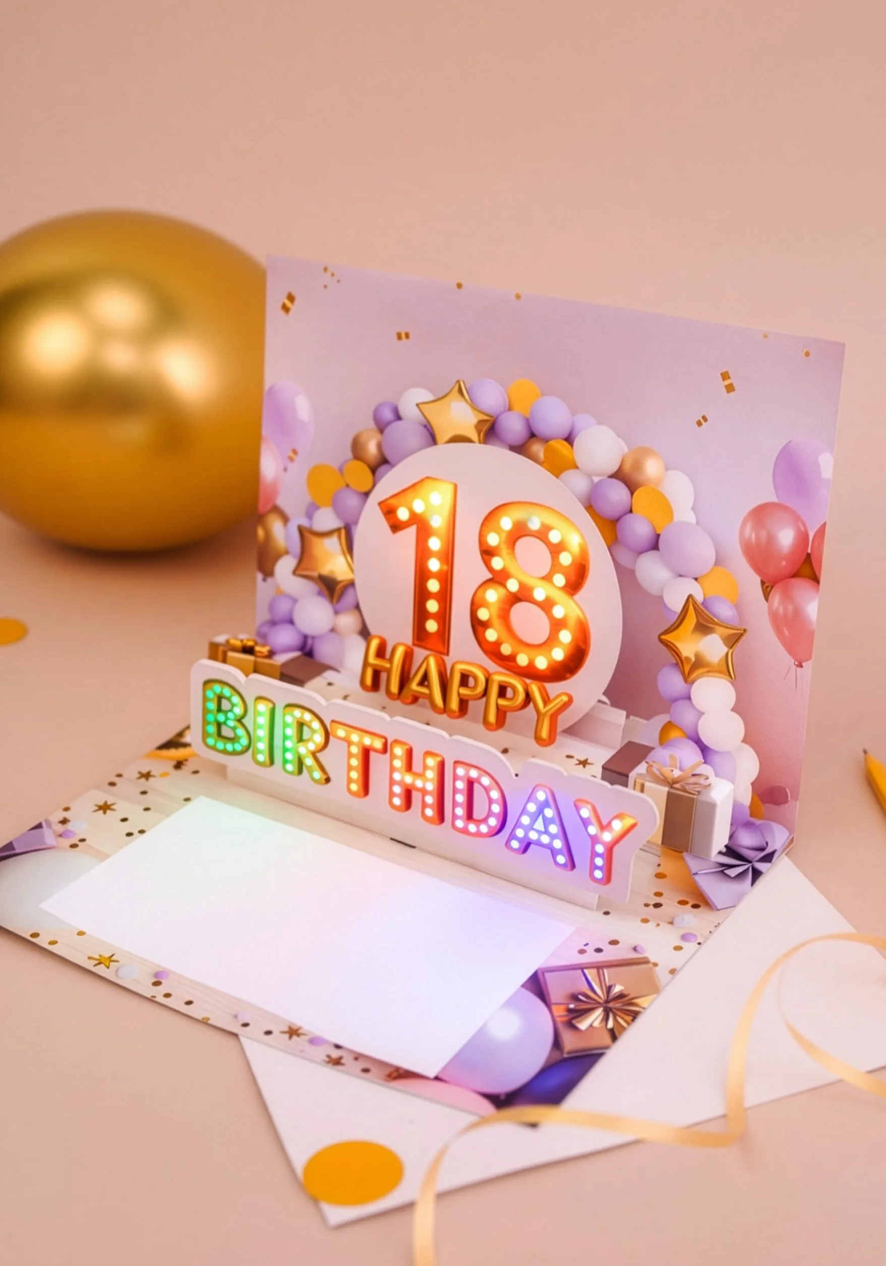 Carte anniversaire 18 ans pop up 3D avec musique et lumière – pour fille, enveloppe et autocollant sceau – 20 x 15 cm