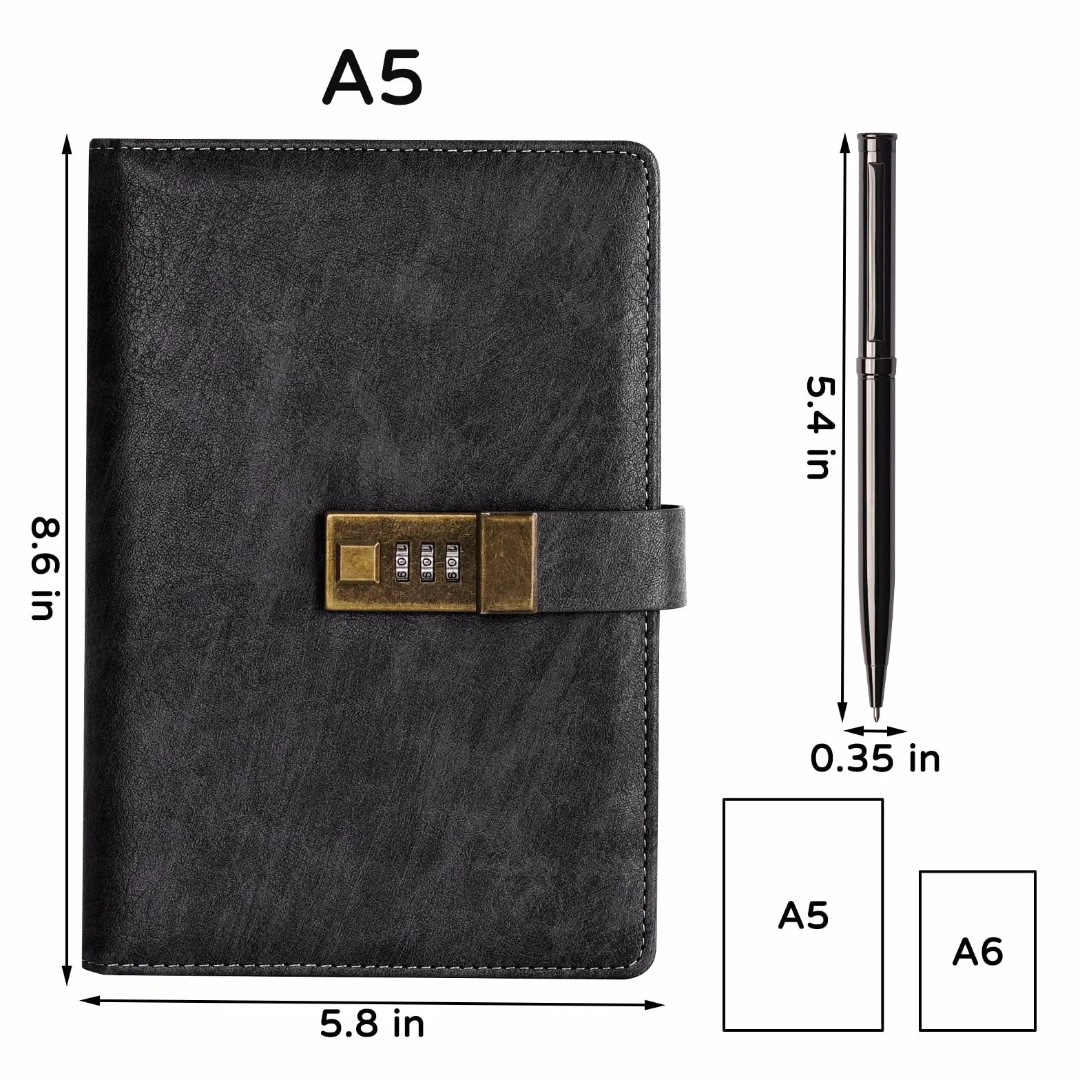 WEMATE Journal Intime A5 Cuir PU 240 Pages avec Serrure Vintage Noir 8.6 x 5.8 Pouces