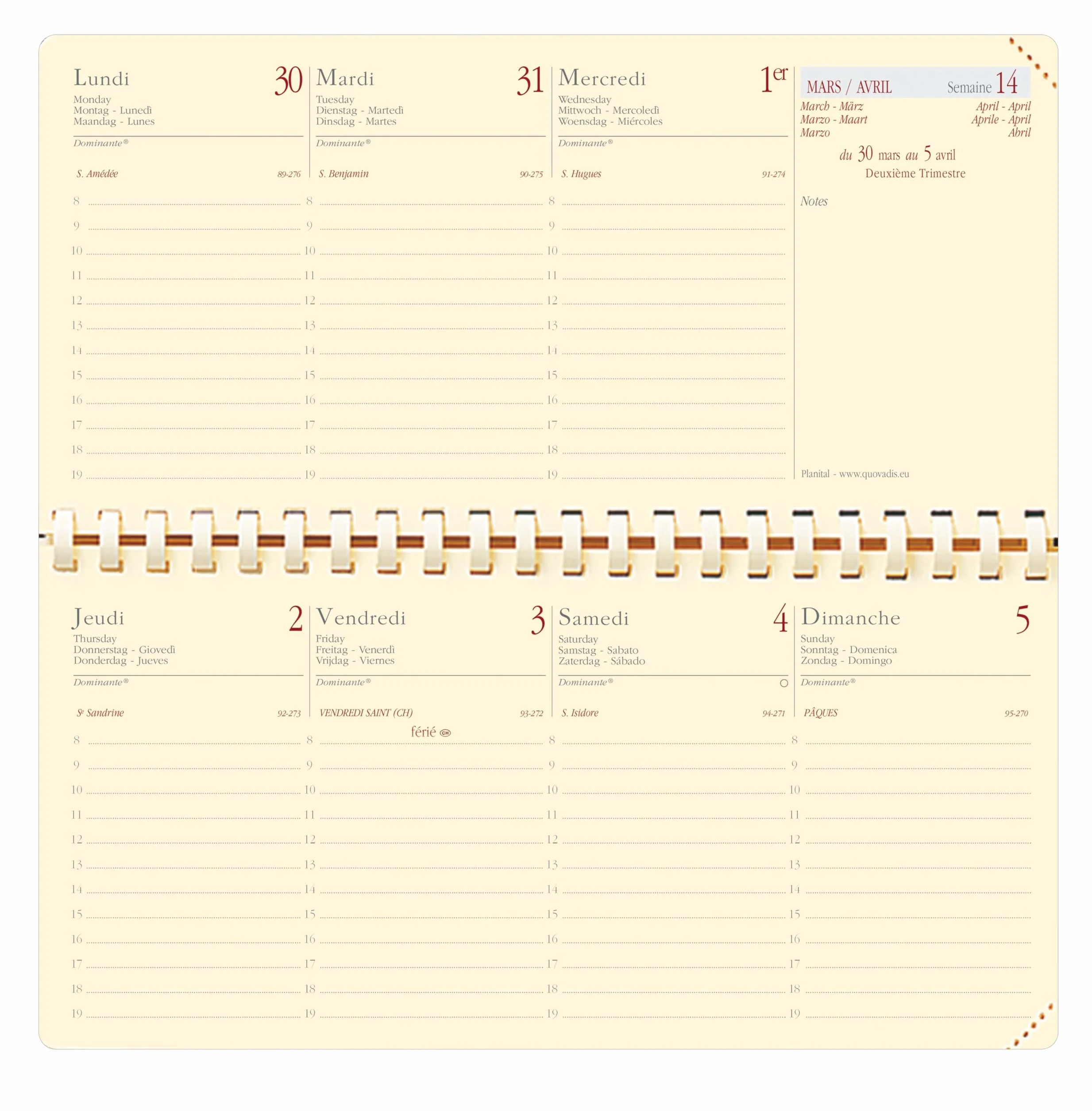 Quo Vadis Recharge Agenda Spiralé 2026 Planital Semainier Planning Français 12 mois 8,8x17 cm Papier Clairefontaine ivoire