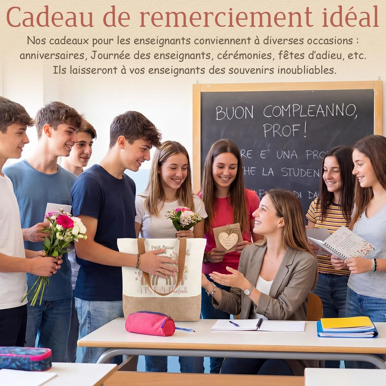Cadeaux Merci pour ATSEM Sac Fourre-Tout Porte-Clés Stylo Carnet à Spirale Enveloppe Plaque de Cœur Fin d'Année