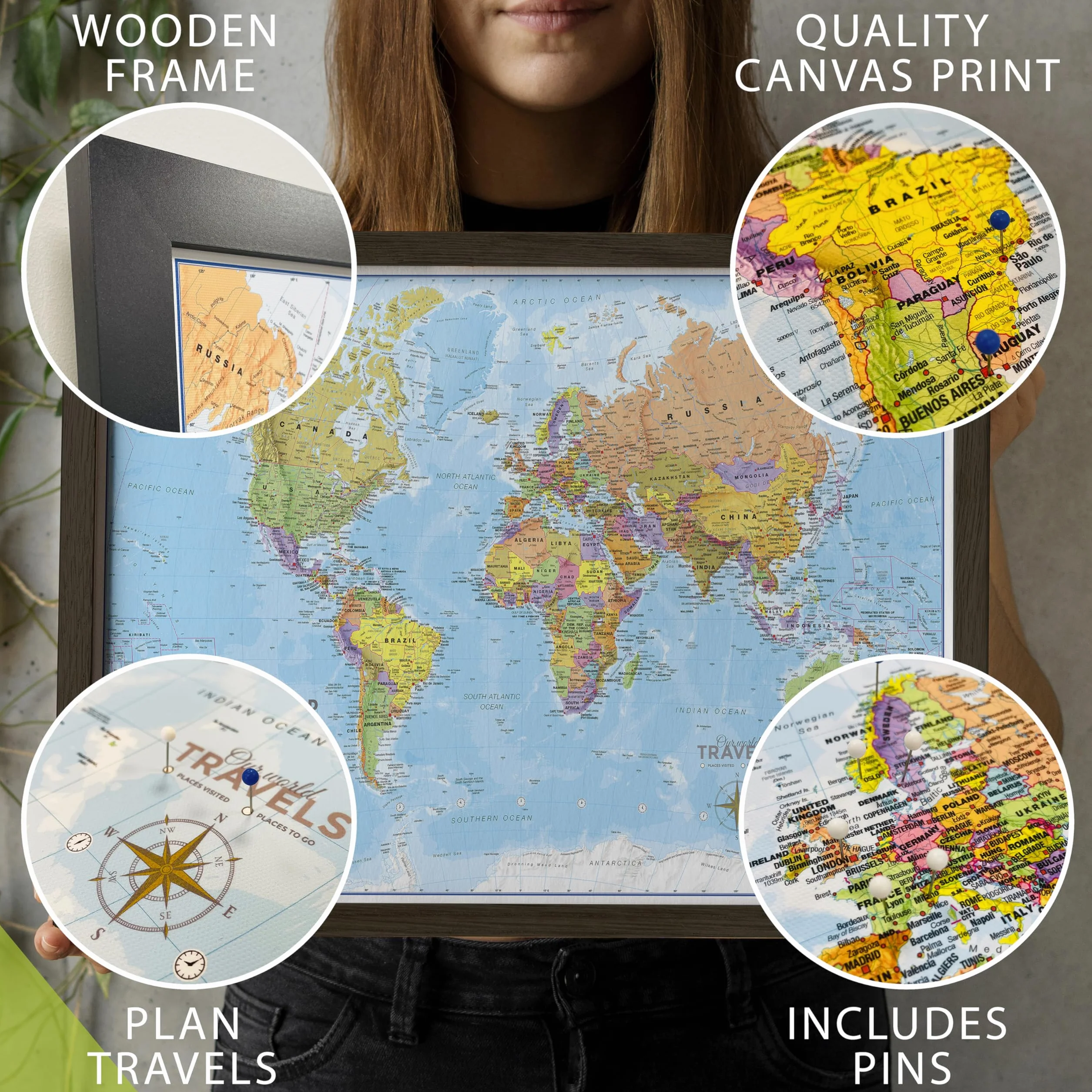 Maps International Carte du monde grande carte du monde encadrée Toile