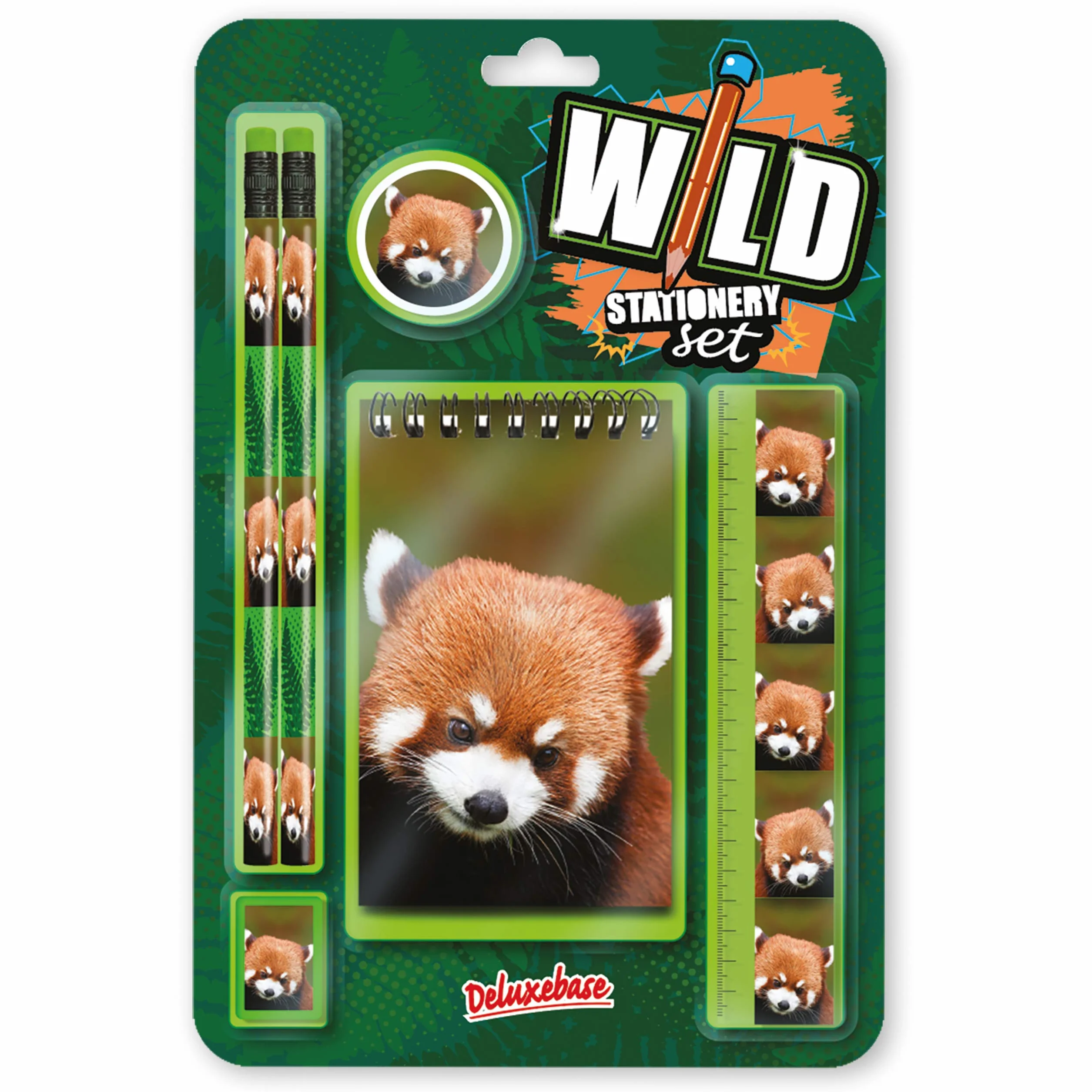 Deluxebase Wild Stationery Set Panda Roux - Kit Fournitures Scolaires avec Crayons, Gomme, Taille-Crayon, Règle, Cahier