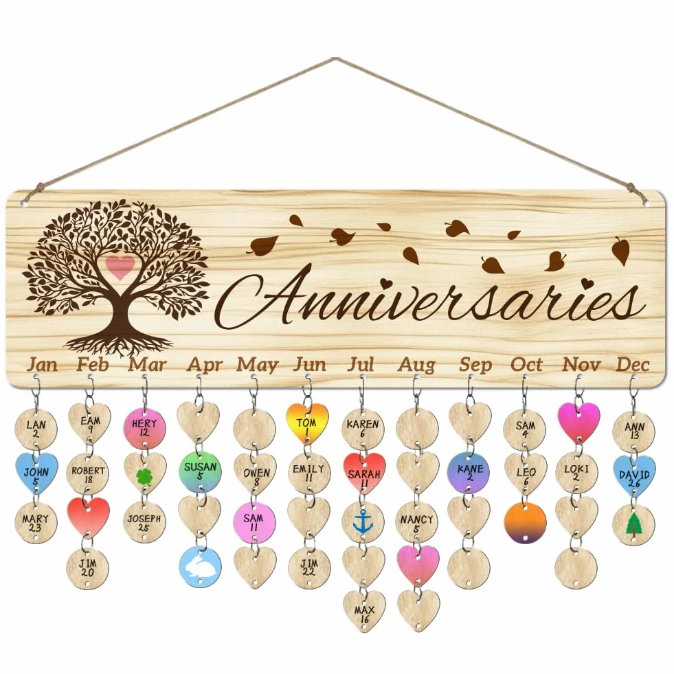 Arbre de Vie Calendrier d'Anniversaire en Bois avec 100 Étiquettes, 40x12cm, Décoration Murale Suspendue pour Saint-Valentin