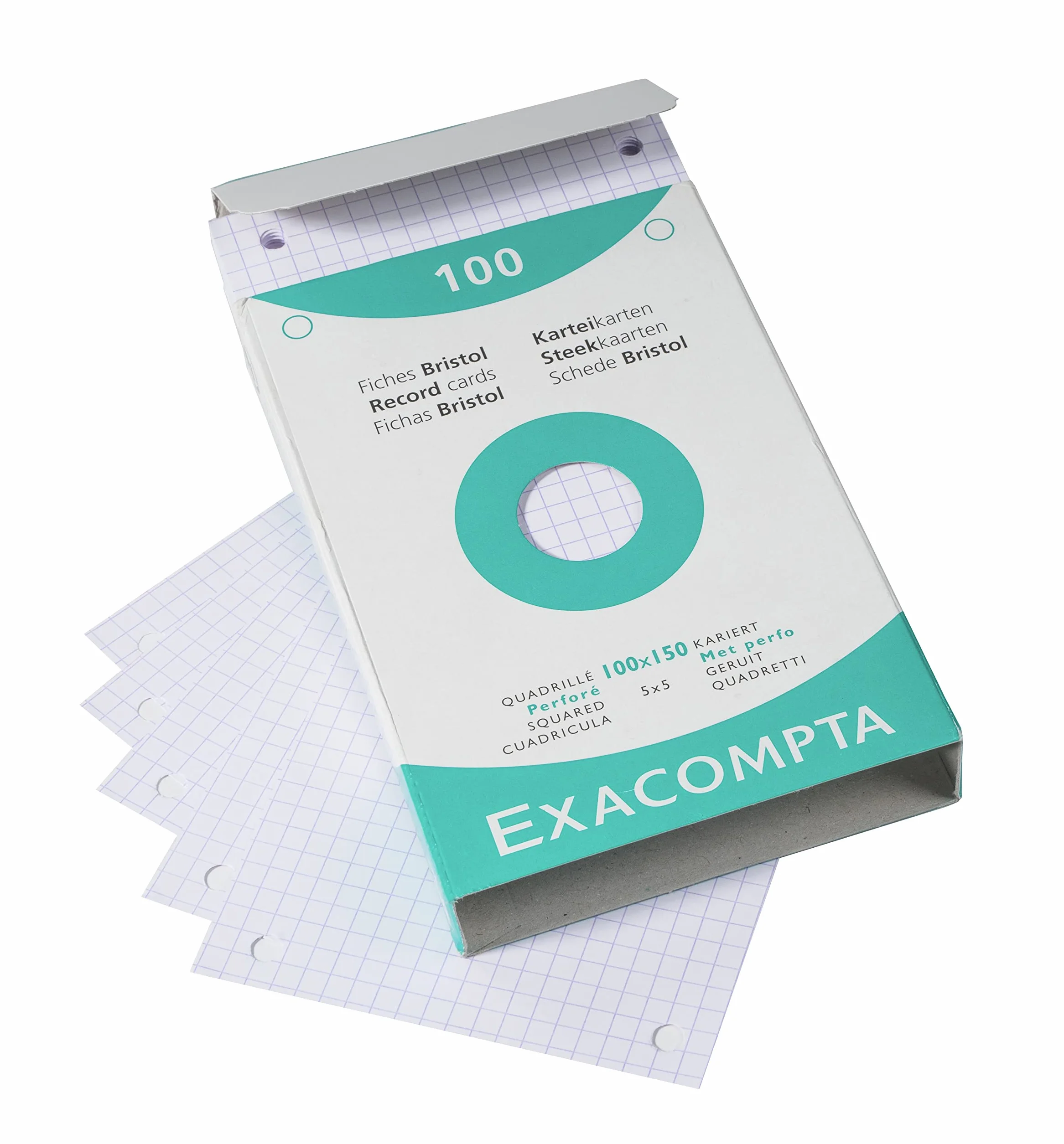 Exacompta Pack Classeur 3 Étuis 100 Fiches Bristol Quadrillées 5x5 Perforées 100 x 150 mm Compatible Imprimante Jet d'Encre Laser Photocopieur Blanc