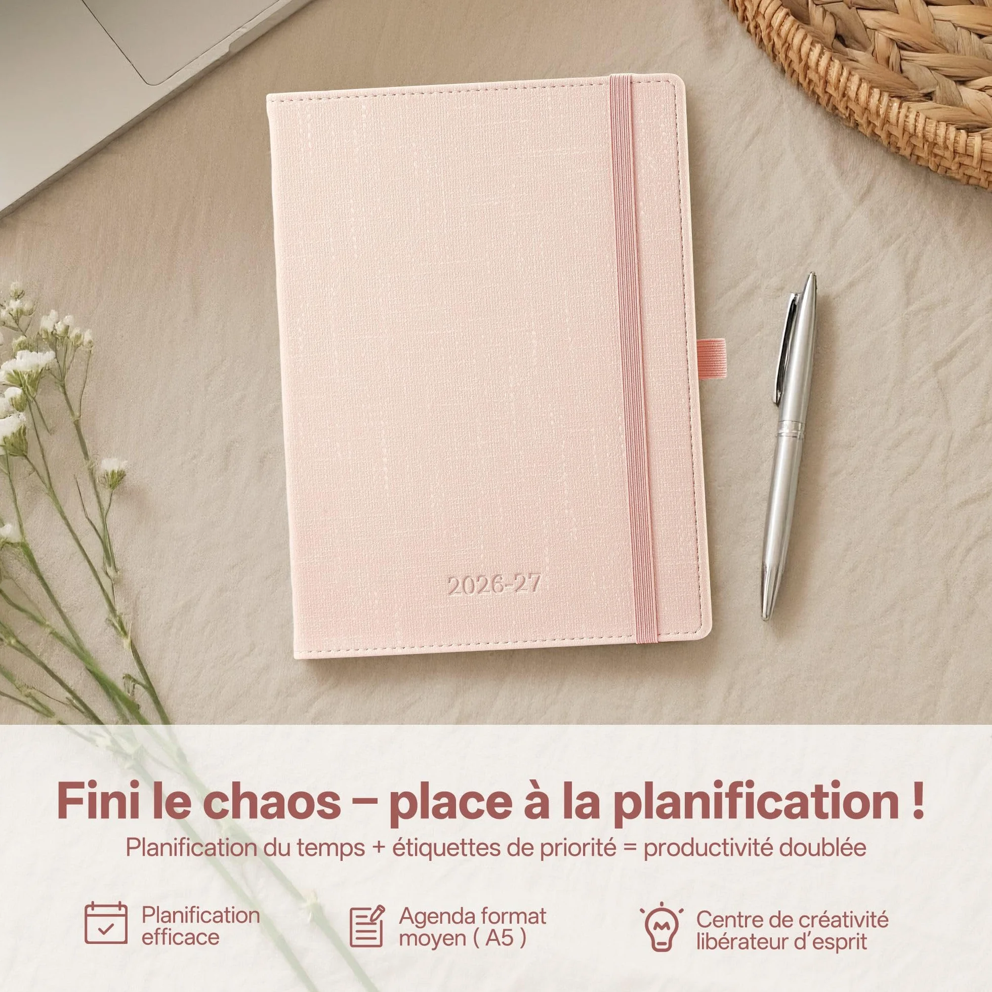 Agenda Semainier de Luxe 2026-2027 A5 Cuir PU Rose Clair 18 Mois