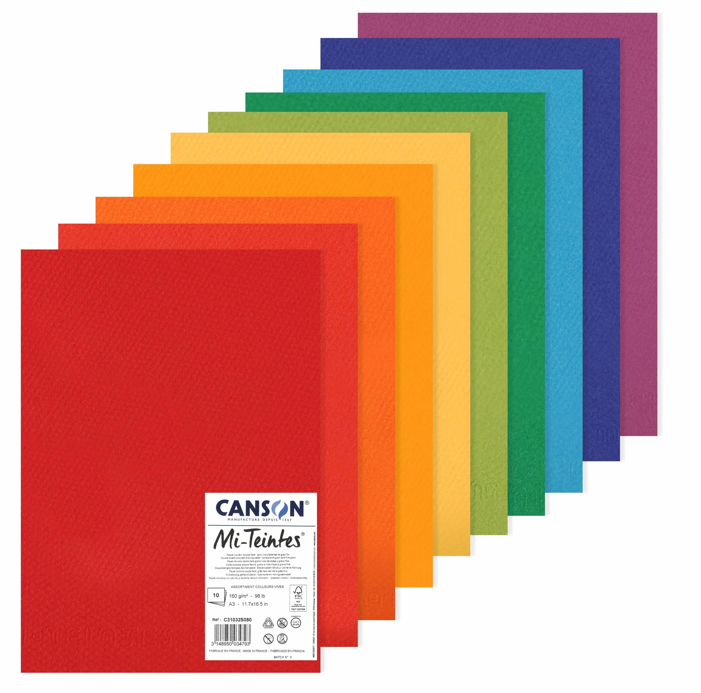CANSON Mi-Teintes Papier Dessin A3 160g/m² Assortiment 10 Feuilles Couleurs Vives