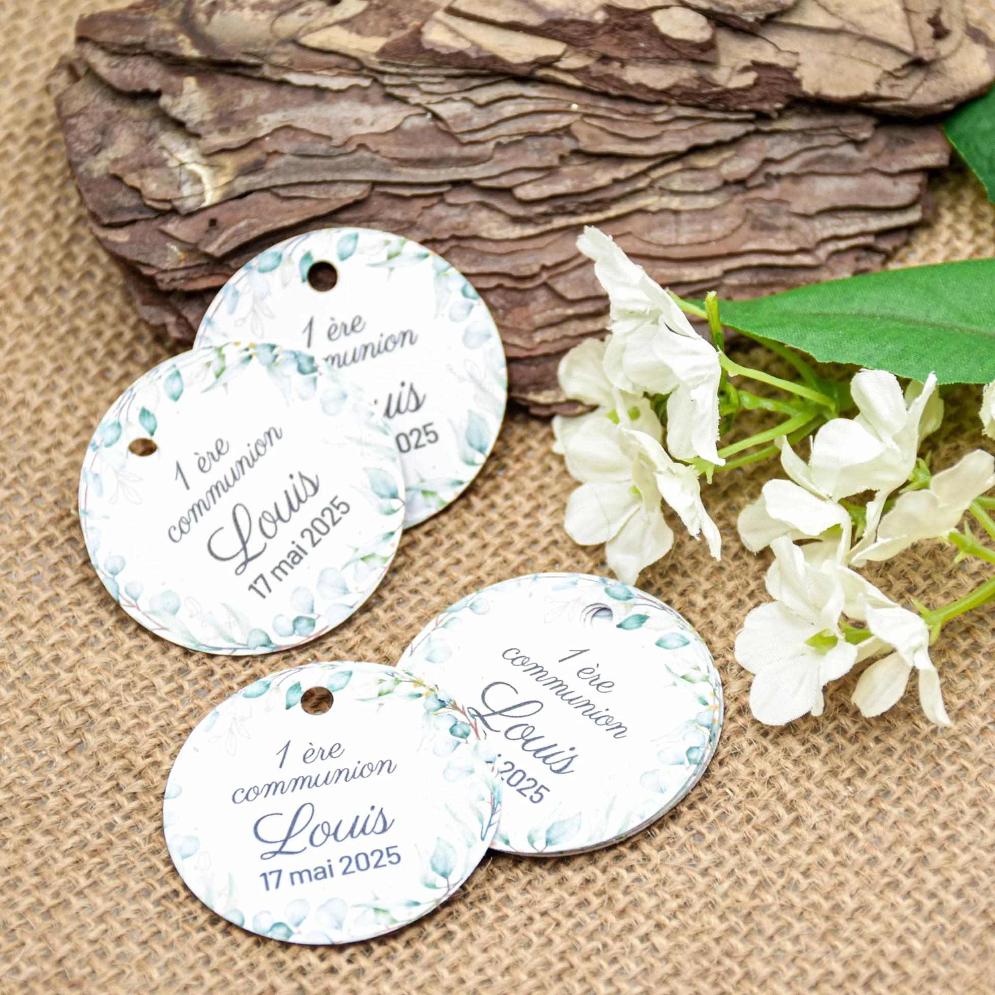 Étiquettes personnalisées rondes eucalyptus 3,7cm 4,5cm mariage baptême communion