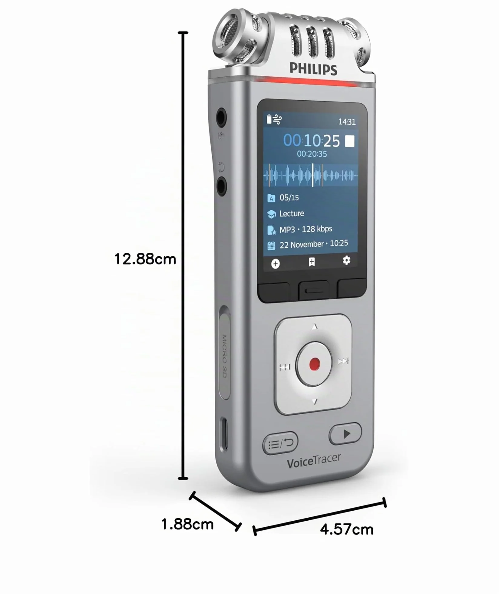 Philips VoiceTracer DVT4115 Enregistreur audio MP3-PCM 3 microphones Hifi enregistrement à distance