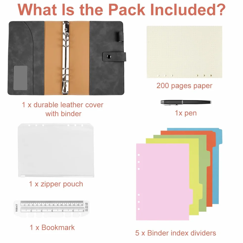 Carnet de Notes A5 200 Pages PU Cuir Rechargeable avec Grille à Points Gris
