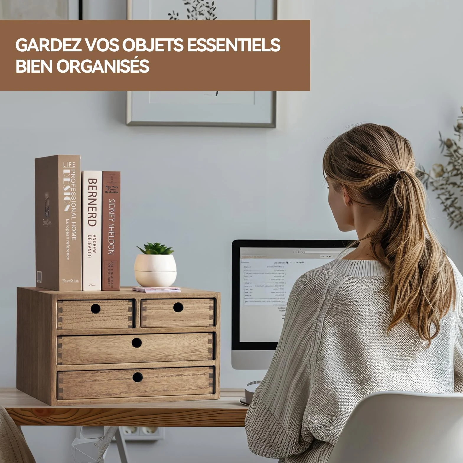 KIRIGEN Boîtes à tiroirs en bois 3 étages 4 tiroirs brun rangement bureau