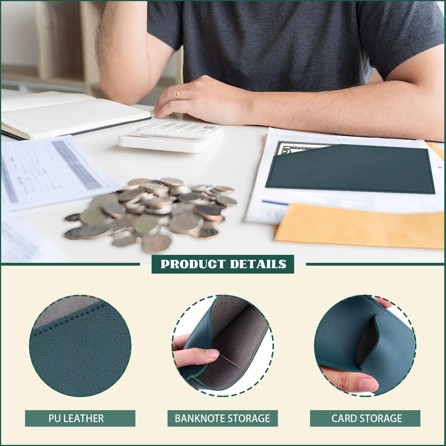 Lot de 3 portefeuilles fins en cuir synthétique pour billets et cartes, Noir + marron + vert foncé