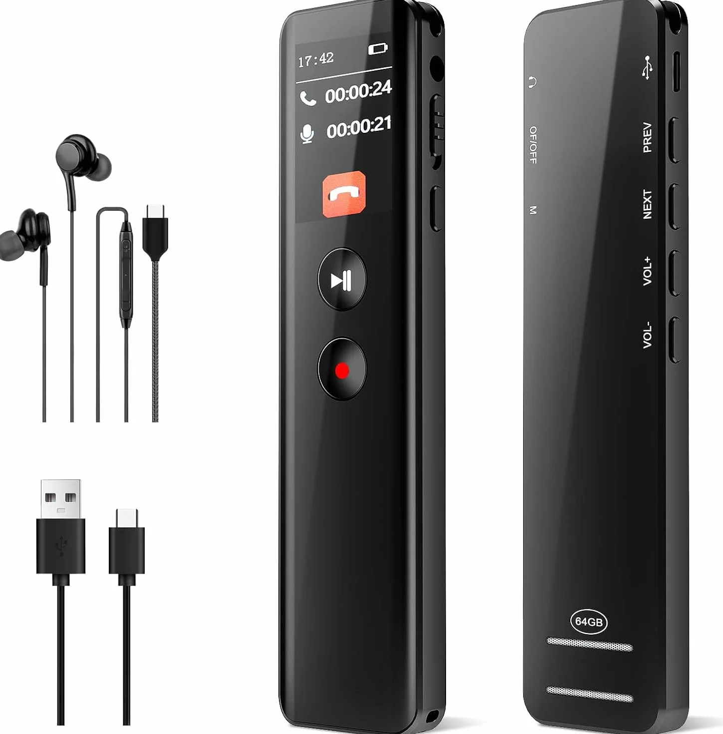 Enregistreur Vocal Numérique 128 Go Activation Vocale Enregistrement Une Touche 3072 Kbps