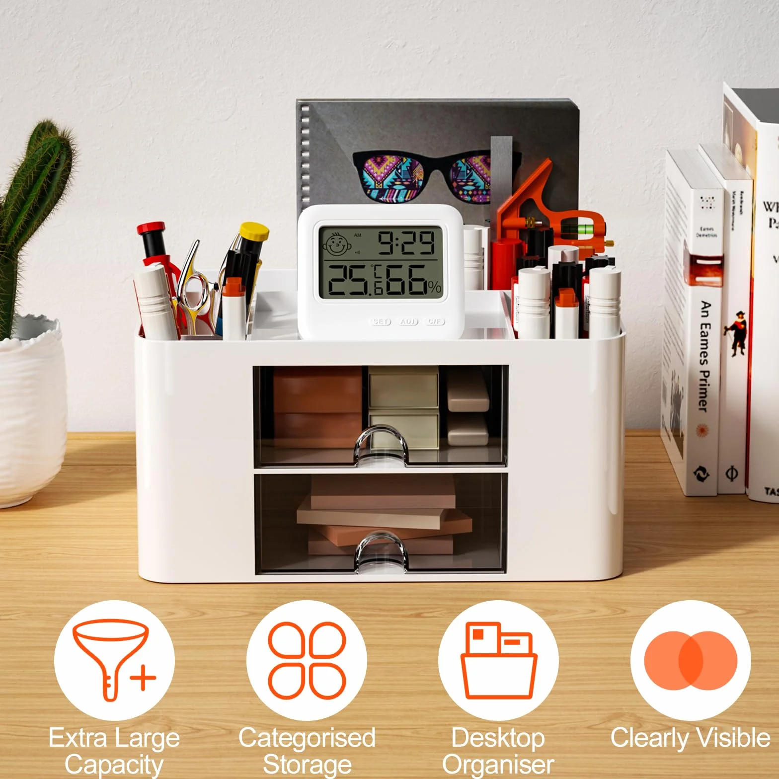 Organisateur de Bureau en Plastique avec 5 Compartiments & 2 Tiroir, Multifonction, Blanc