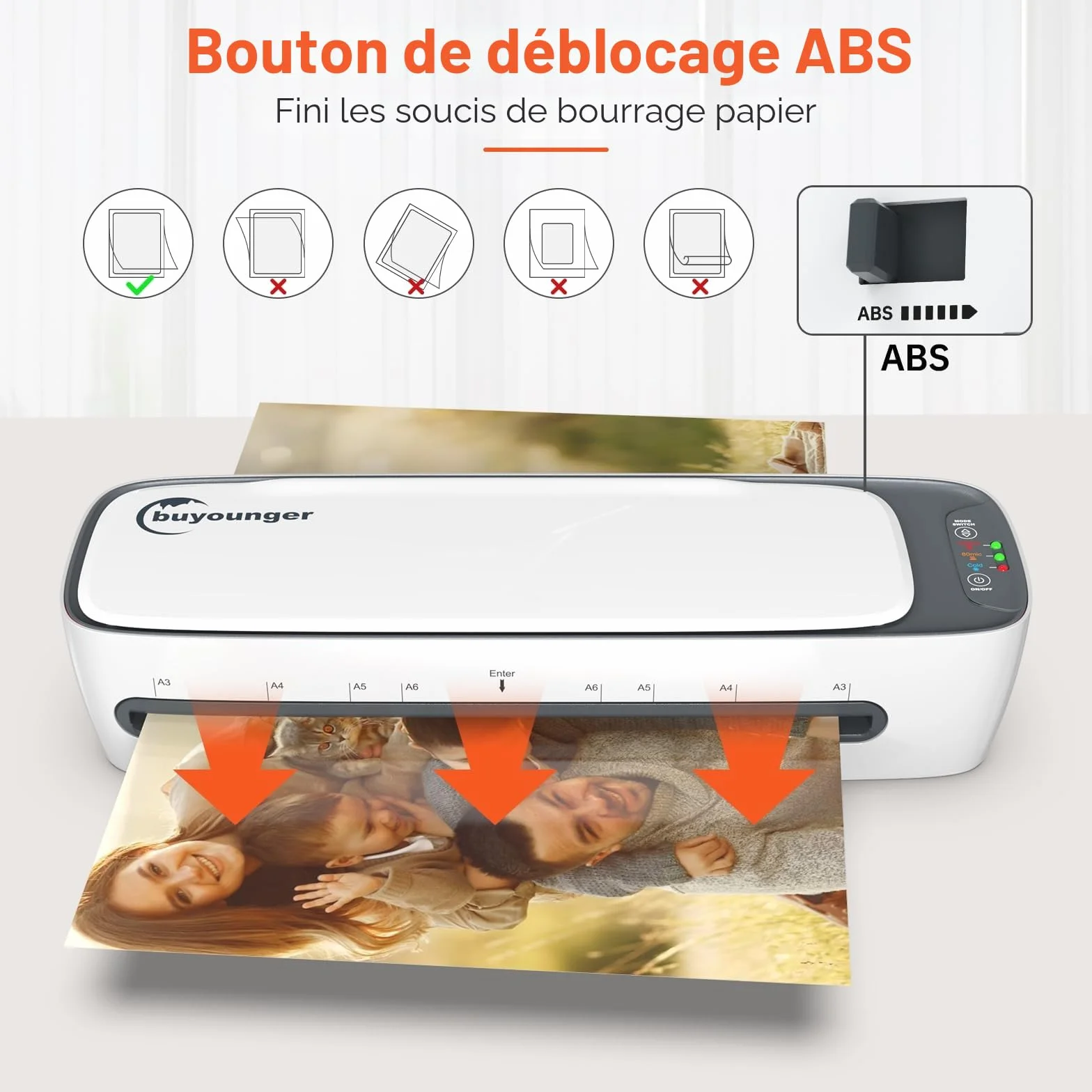 Buyounger Plastifieuse A3 A4 A5 A6, Mode Froid/Chaud avec 25 Pochettes, Chauffage Rapide 60s, Anti-Surchauffe, ABS