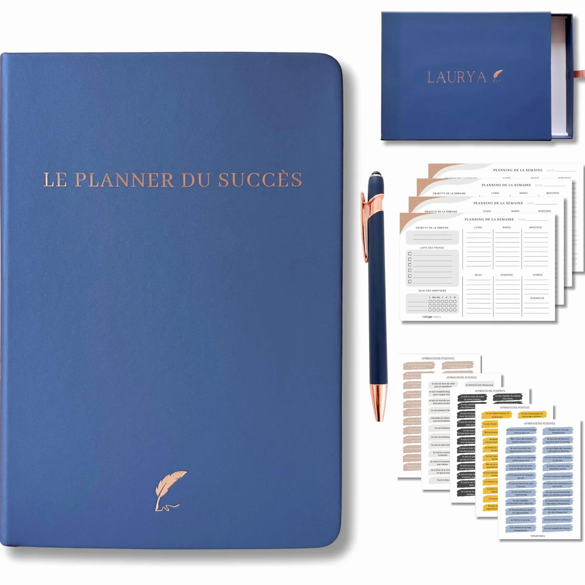 Planner Français de productivité, Semainier, Planning annuel mensuel journalier, agenda non daté, coffret cadeau stickers affirmations positives, to do list, bullet journal pre rempli (4 mois)