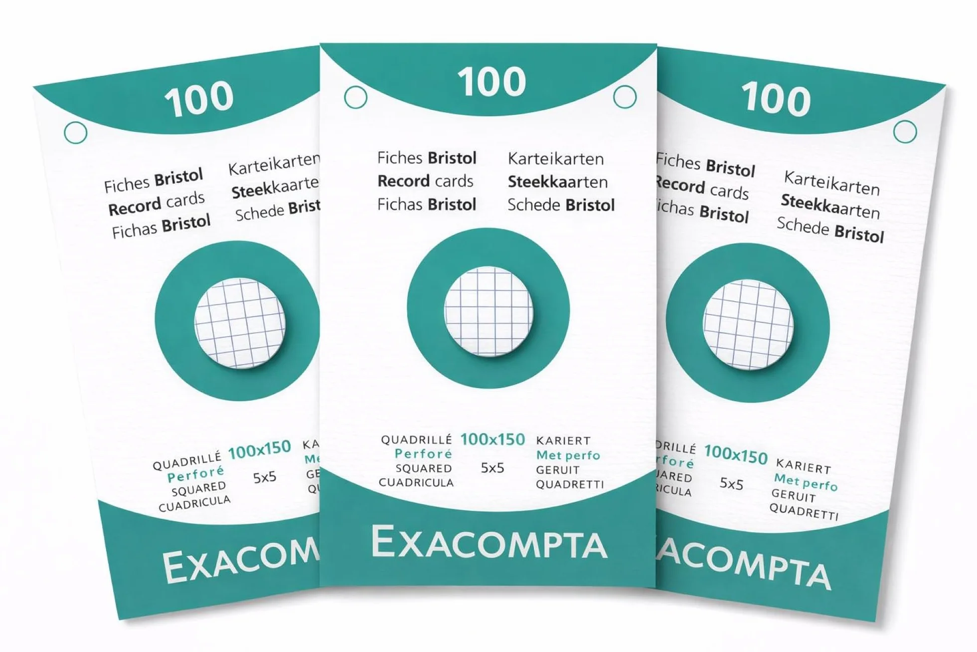 Exacompta Pack Classeur 3 Étuis 100 Fiches Bristol Quadrillées 5x5 Perforées 100 x 150 mm Compatible Imprimante Jet d'Encre Laser Photocopieur Blanc