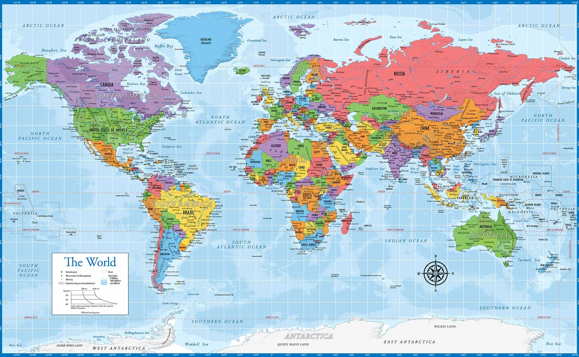 Carte du monde plastifiée murale Terre 45,7 x 73,7 cm bleu