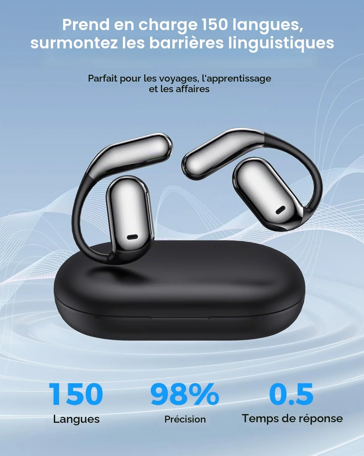 AI Traducteur de Langue Écouteurs, Traduction en Ligne 144 Langues, Temps réel, Noir