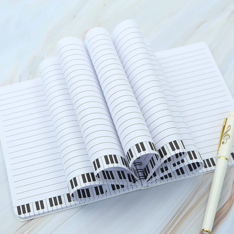 Coffret cadeau papeterie piano musical, carnet spirale feuilles mobiles stylo bille bureau école étudiant