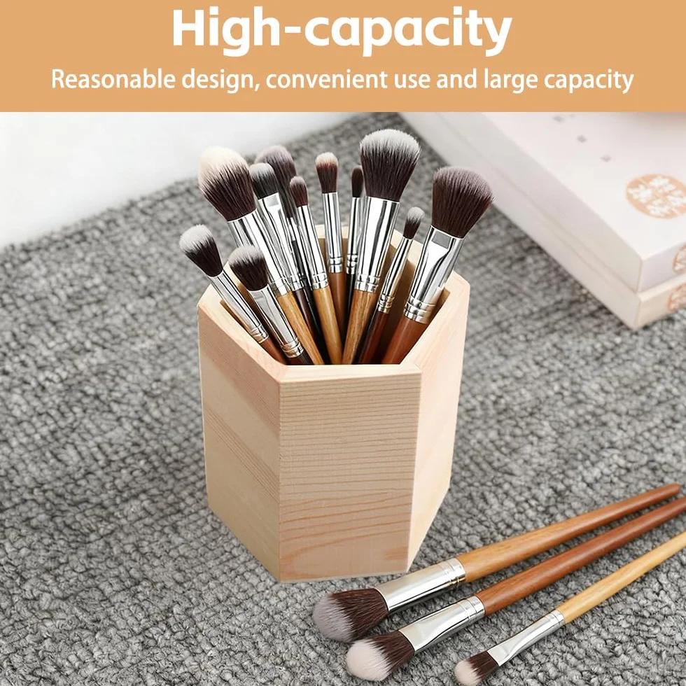 Porte-stylo en Bois Formes Géométriques Cylindre Hexagone Carré Pot à Crayons Multifonctionnel