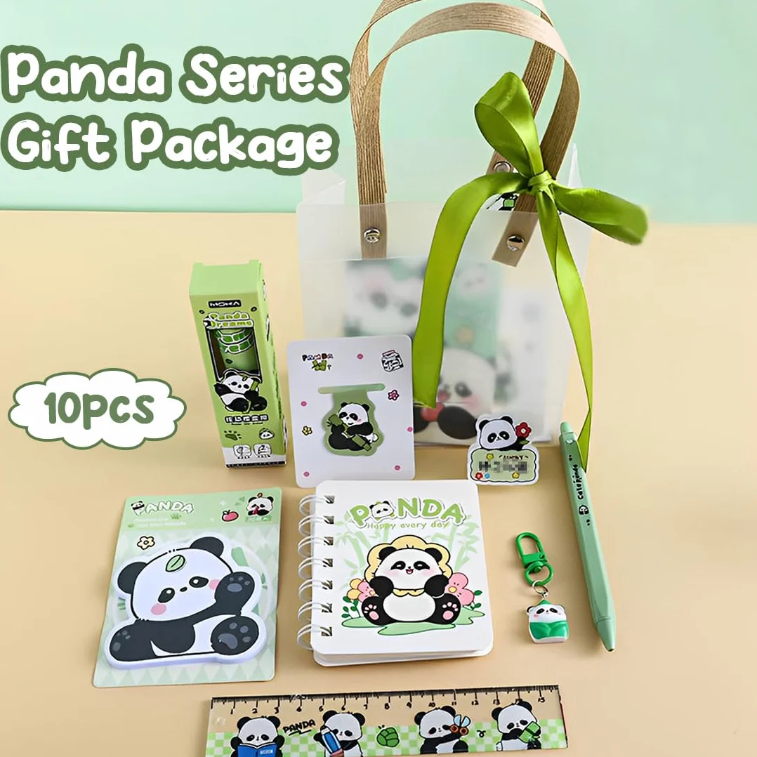 Kawaii Panda Fourniture Scolaire Set avec Gomme Règle Stylo Bloc-Notes Cadeau Rentrée Classes Enfant