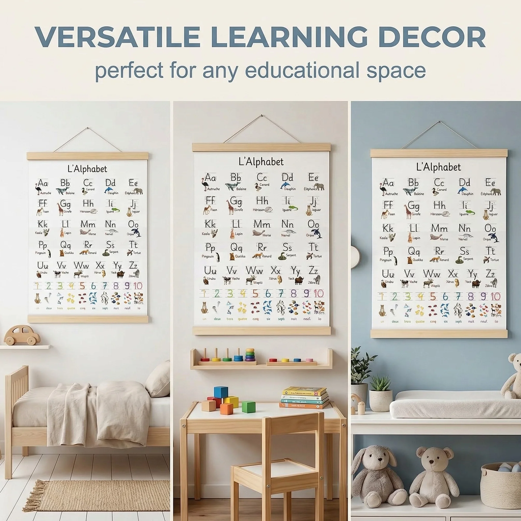 Poster Table de Alphabet Français pour Enfants, Jeu d'Apprentissage Numérique, Lettres et Animaux Amusants