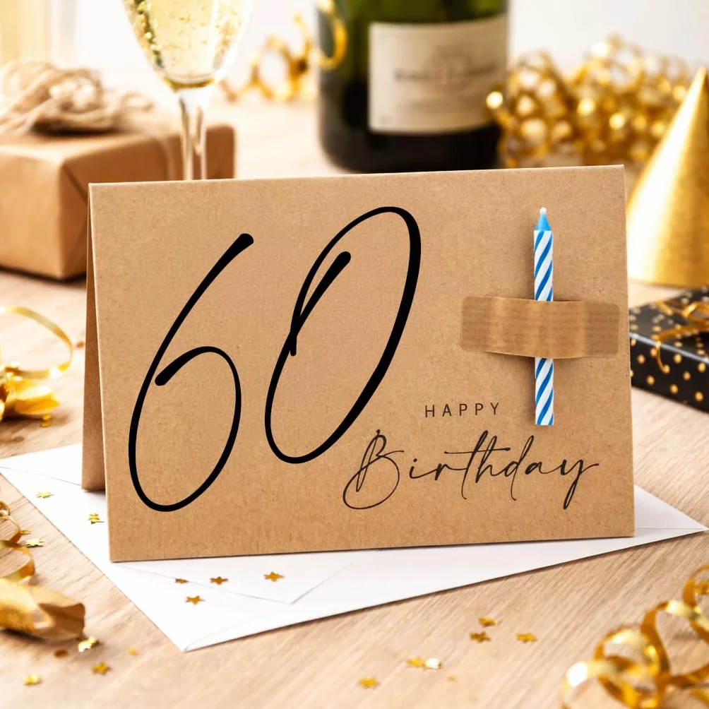 Carte d'anniversaire 60e anniversaire avec bougie – Carte pliante A6 en carton recyclé 400g, enveloppe kraft