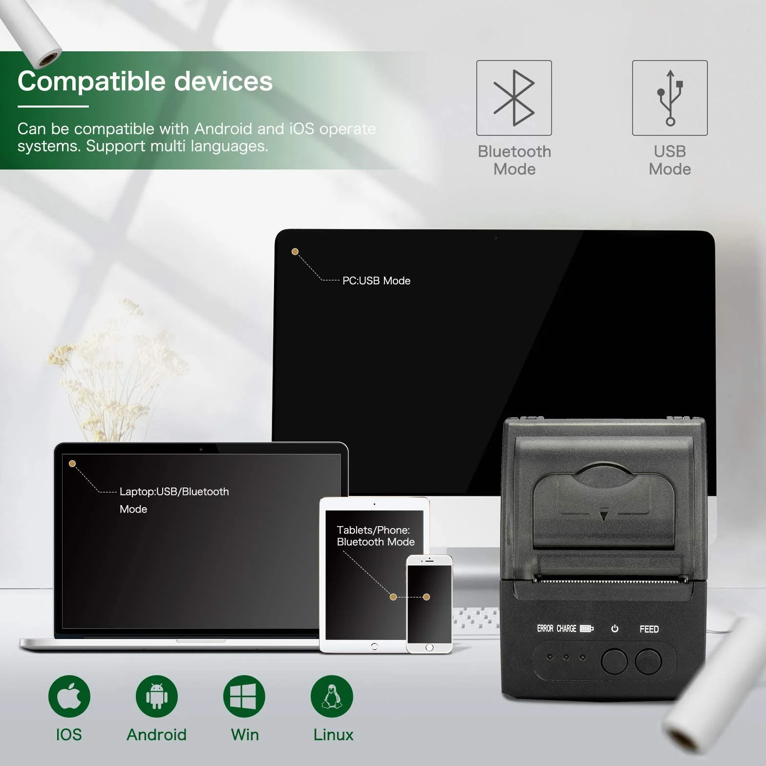 NETUM Imprimante de Reçus Bluetooth, Mini Imprimante Thermique Portable 58 mm Compatible Android/Windows