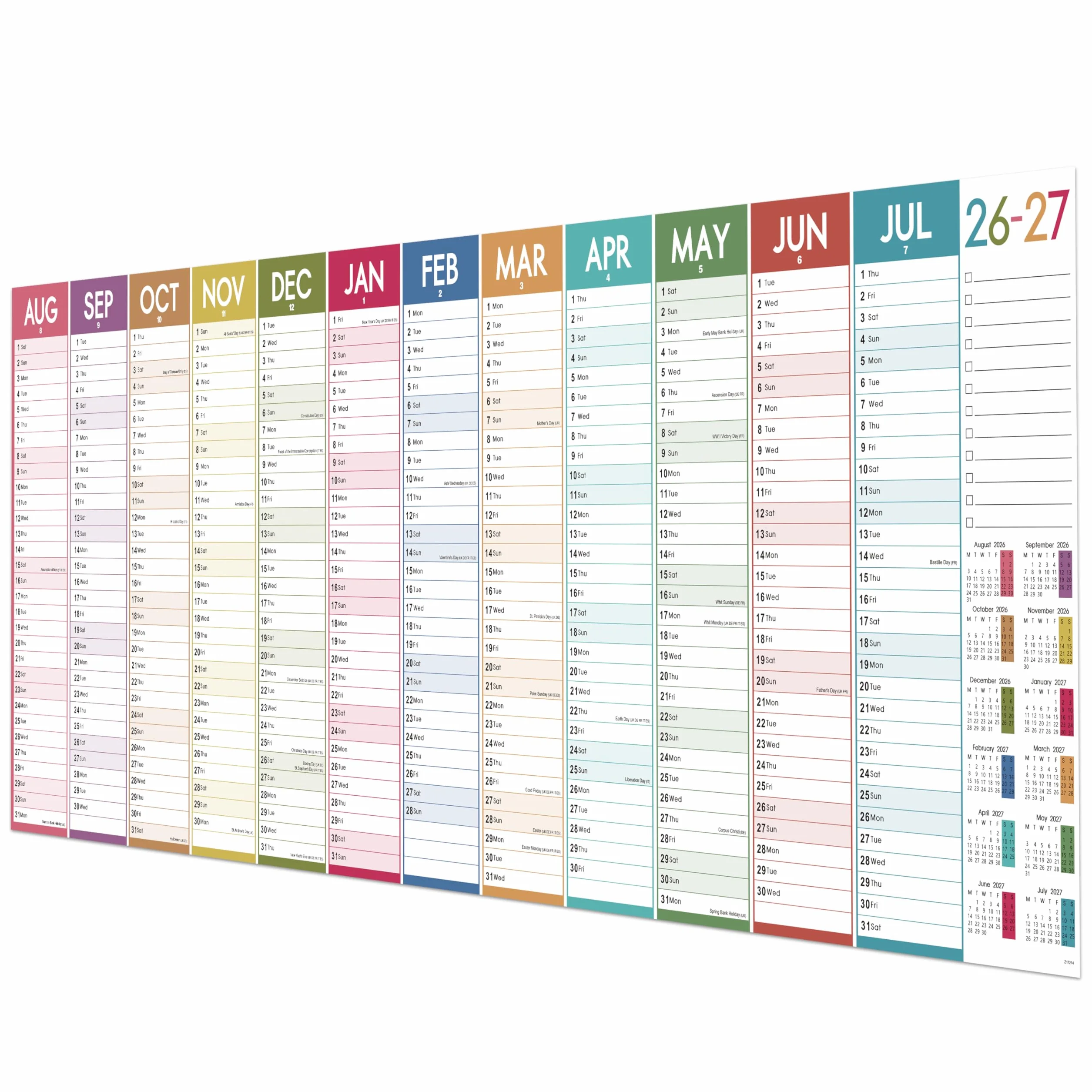 Calendrier mural 2026 grand format britannique 120 x 42 cm XXXL coloré