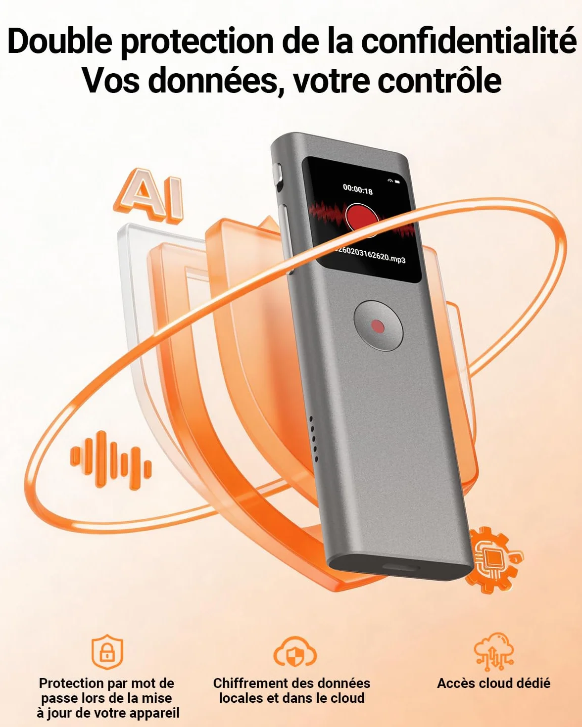 Enregistreur Vocal IA Dictaphone Numérique 64 Go Transcription Résumé 90+ Langues Enregistrement HD Réduction Bruit