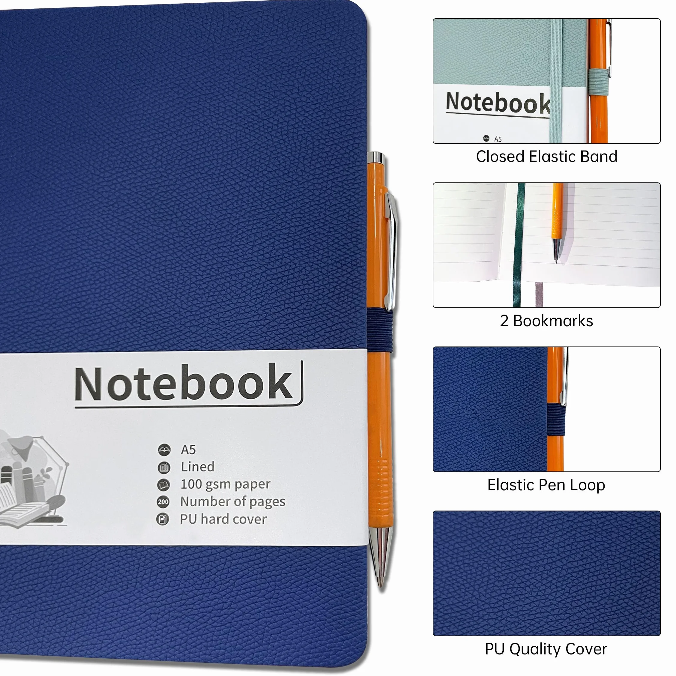 Mlife Carnet de Notes ligné A5 200 Pages PU Hard Cover Notebook Papier 100 g/m² Bleu